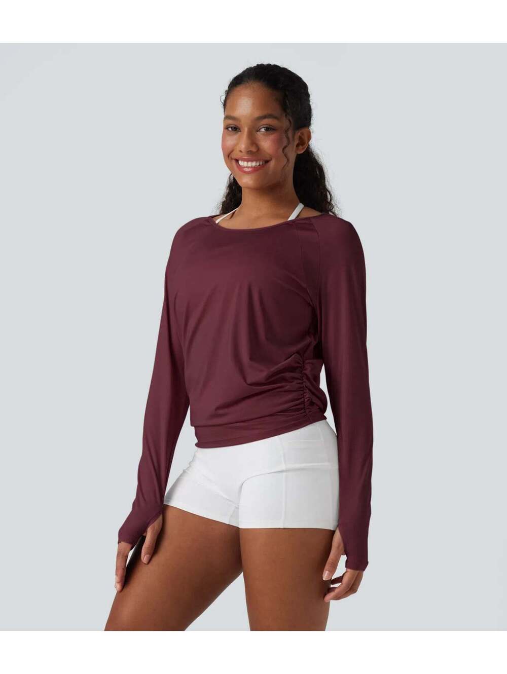 Halara Cut-out Back Thumb Hole Ruched Relaxed Yoga Sports Top Size Large - Picture 6 of 8